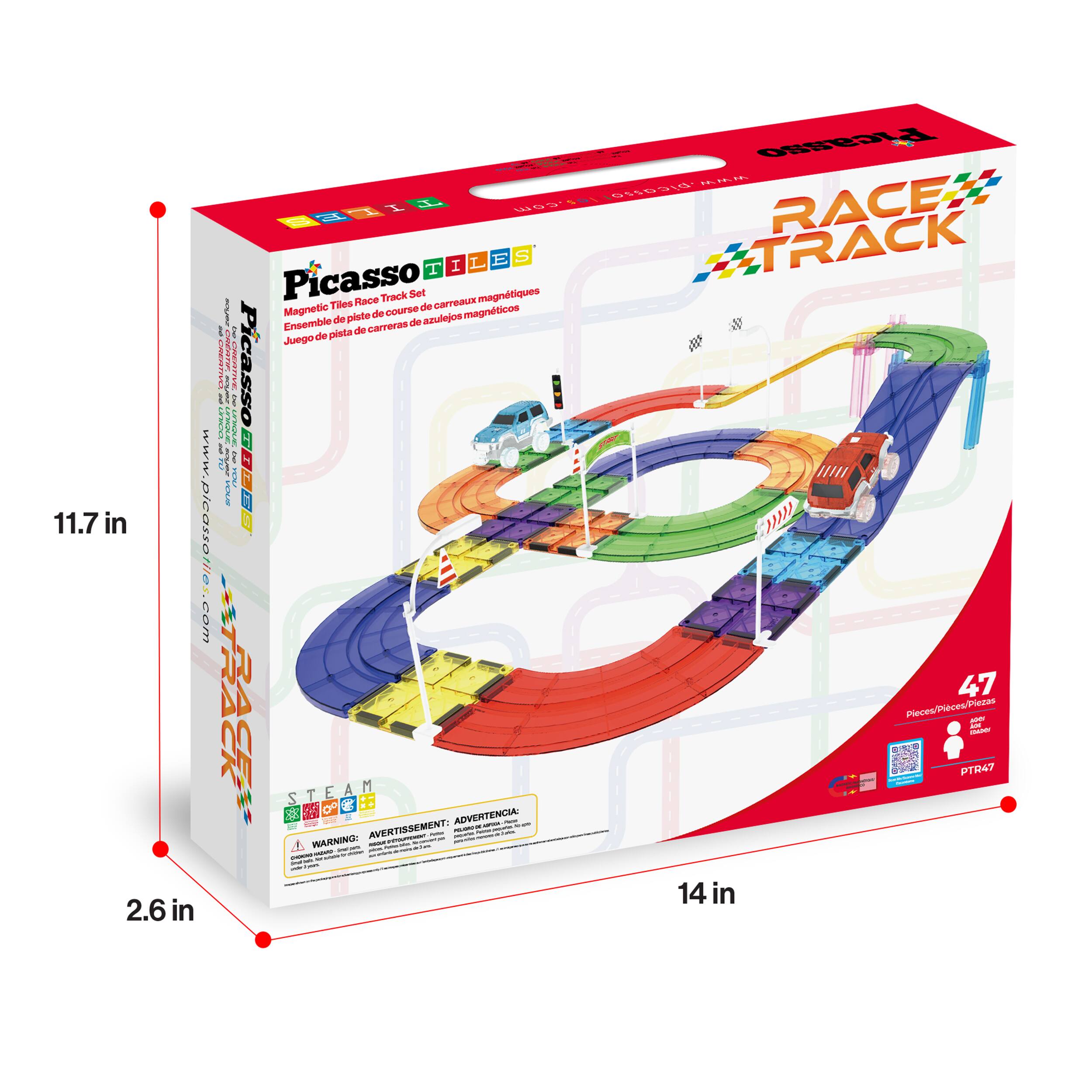 Picasso Tiles Race Track Set  
Magnetic Tiles Race Track  
Ensemble de piste de course magnétiques  
Juego de pista de carreras azulejos magnéticos  

47 Pieces/Pieces/Piezas  

11.7 in  
2.6 in  
14 in  

WARNING: AVERTISSEMENT: ADVERTENCIA: