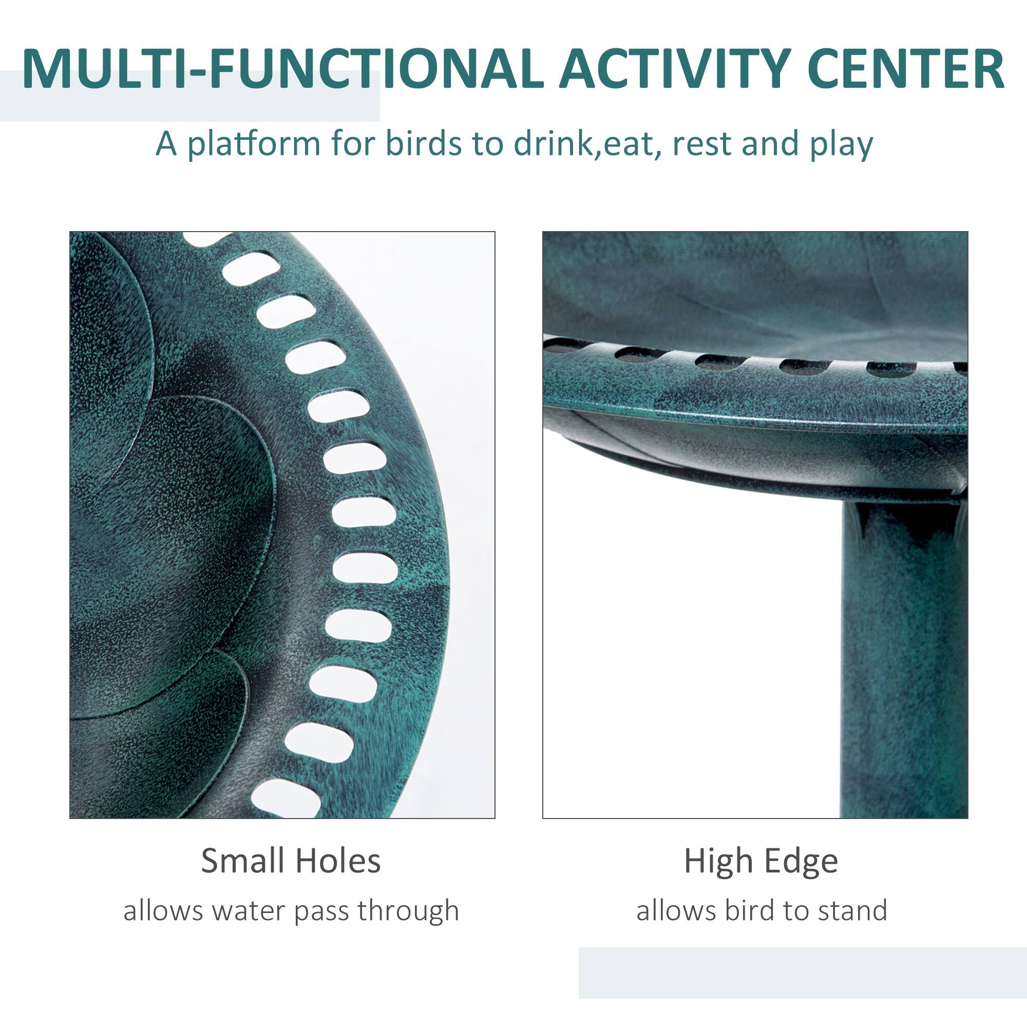 MULTI-FUNCTIONAL ACTIVITY CENTER
A platform for birds to drink, eat, rest and play

Small Holes
allows water pass through

High Edge
allows bird to stand