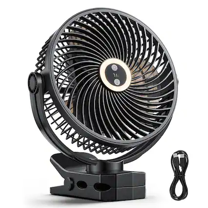 Front. VEVOR - Portable Clip Fan, Rechargeable Clip On Fan with Light, USB Port with 3 Speeds & Circulation Mode - Black.