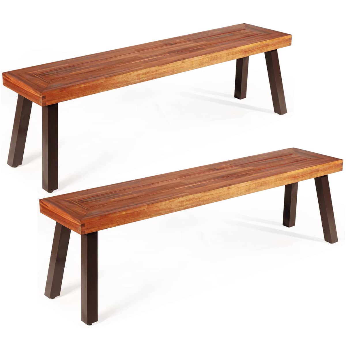 Costway - Set of 2 Patio Acacia Wood Dining Bench with Rustic Steel Legs Outdoor Indoor - Red brown,Dark brown price history on PriceWatchPro
