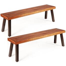 Costway - Set of 2 Patio Acacia Wood Dining Bench with Rustic Steel Legs Outdoor Indoor - Red brown,Dark brown