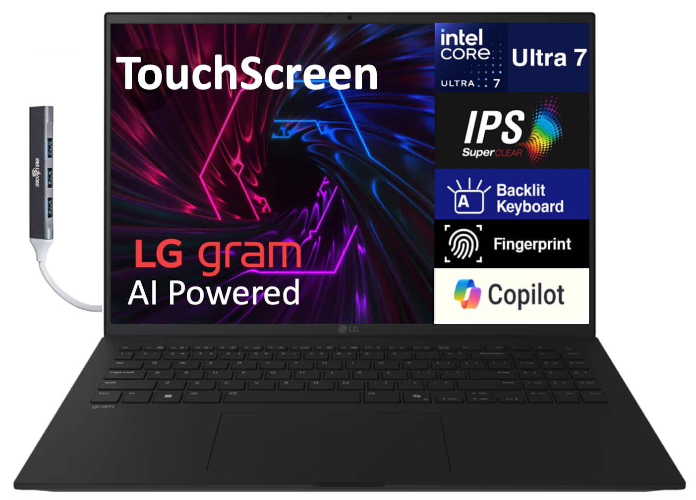 LG - gram Laptop 17.0 WQXGA Display (Intel Ultra 7-258V, 32GB LPDDR5X, 2TB PCIe SSD, Win 11 Pro) w/USB Hub - Black