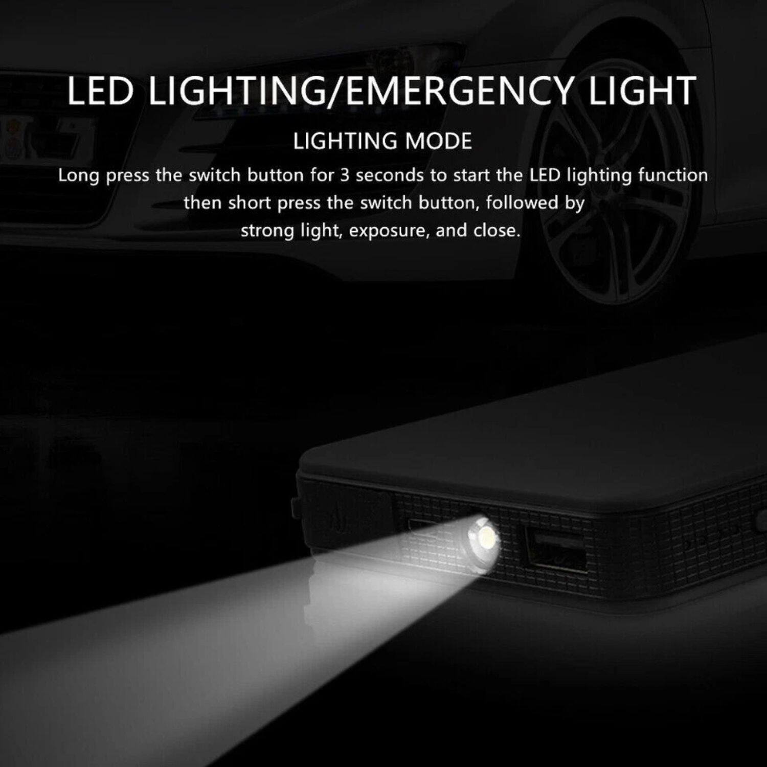LED LIGHTING/EMERGENCY LIGHT

LIGHTING MODE

Long press the switch button for 3 seconds to start the LED lighting function, then short press the switch button, followed by strong light, exposure, and close.