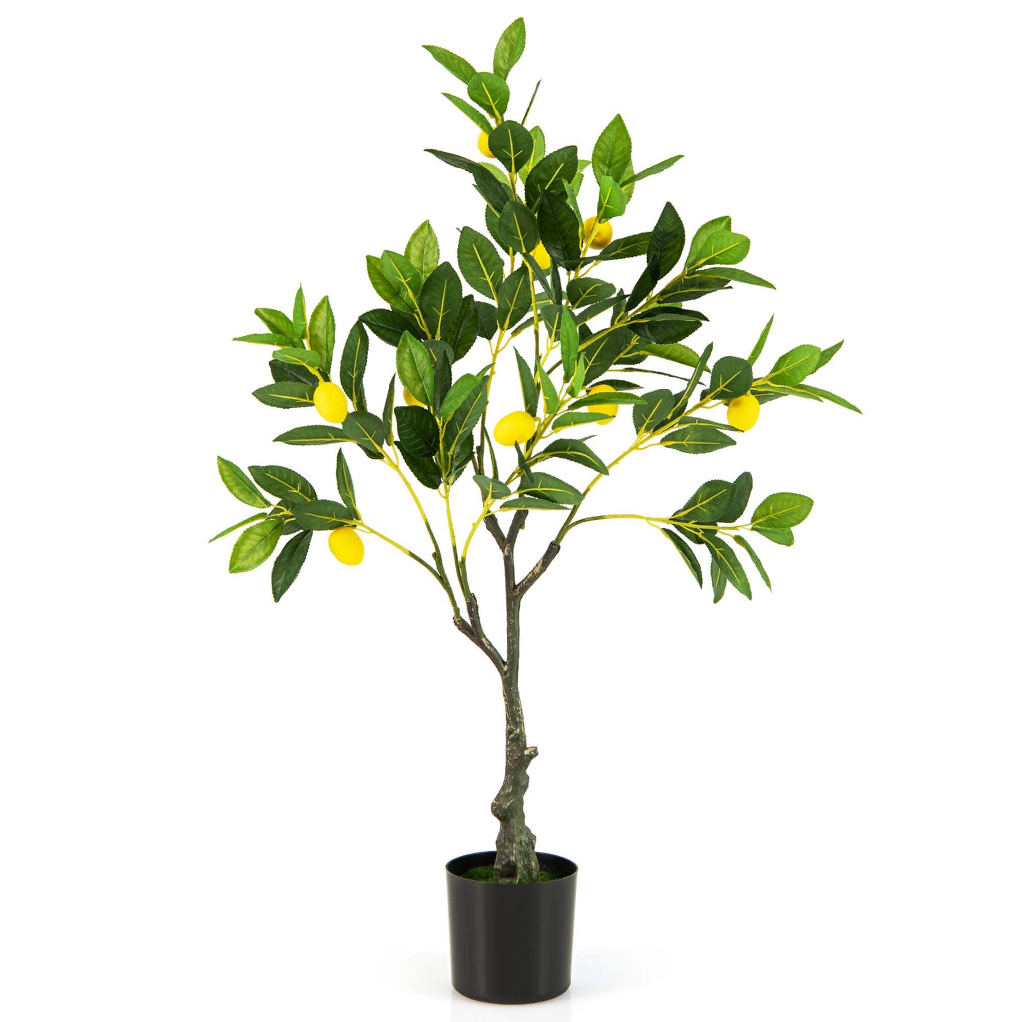 Costway - 1 PCS 2.6 FT Tall Artificial Lemon Tree with Lemon Fruits, Cement Pot for Porch, Office - Green,Yellow,Black