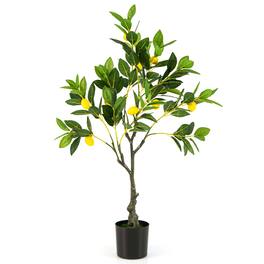 Costway - 1 PCS 2.6 FT Tall Artificial Lemon Tree with Lemon Fruits, Cement Pot for Porch, Office - Green,Yellow,Black