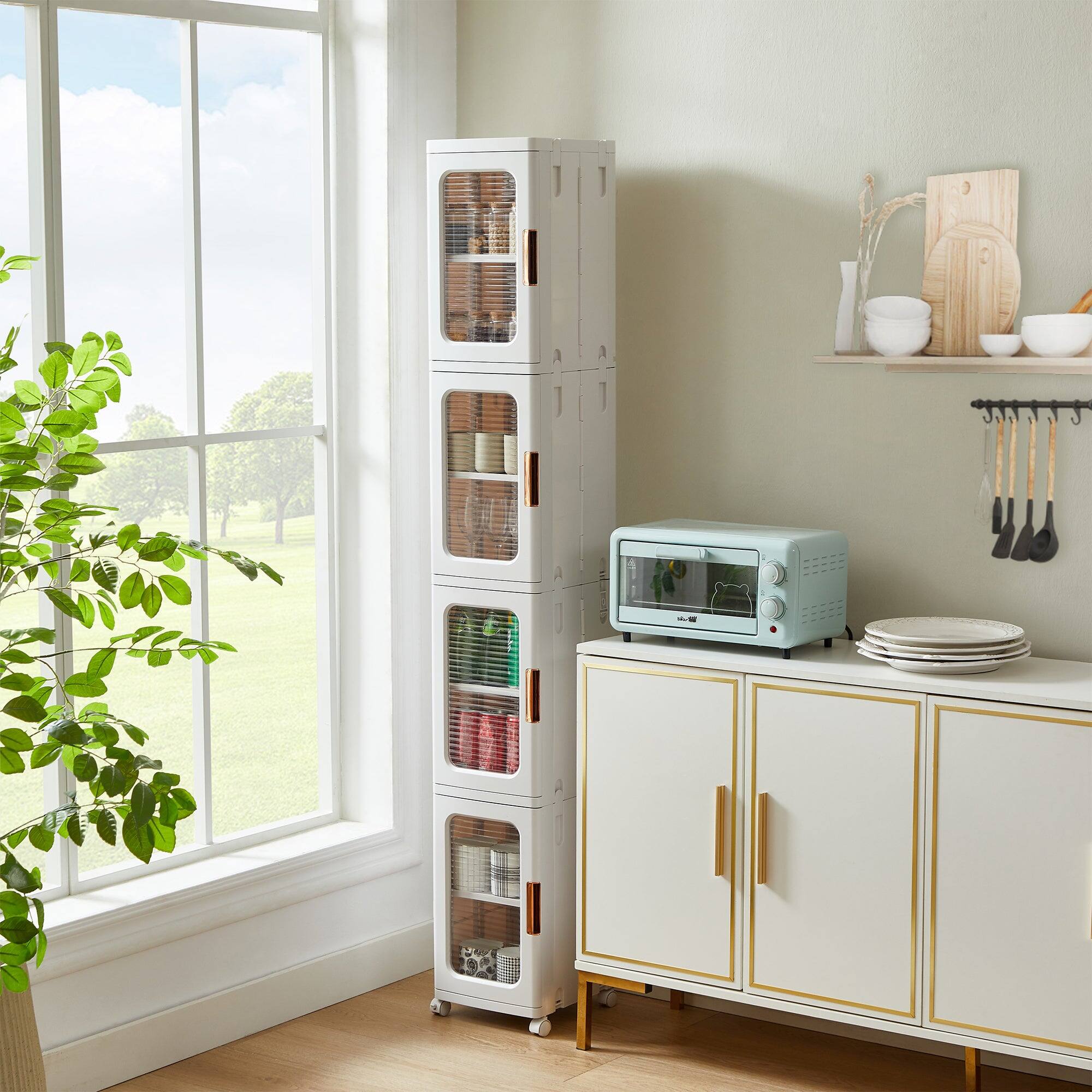 Alt View 2. Vecelo - Tall Narrow Plastic Storage Cabinet with Adjustable Shelves, Doors & Wheels, Waterproof & Dustproof Design - Slim White.