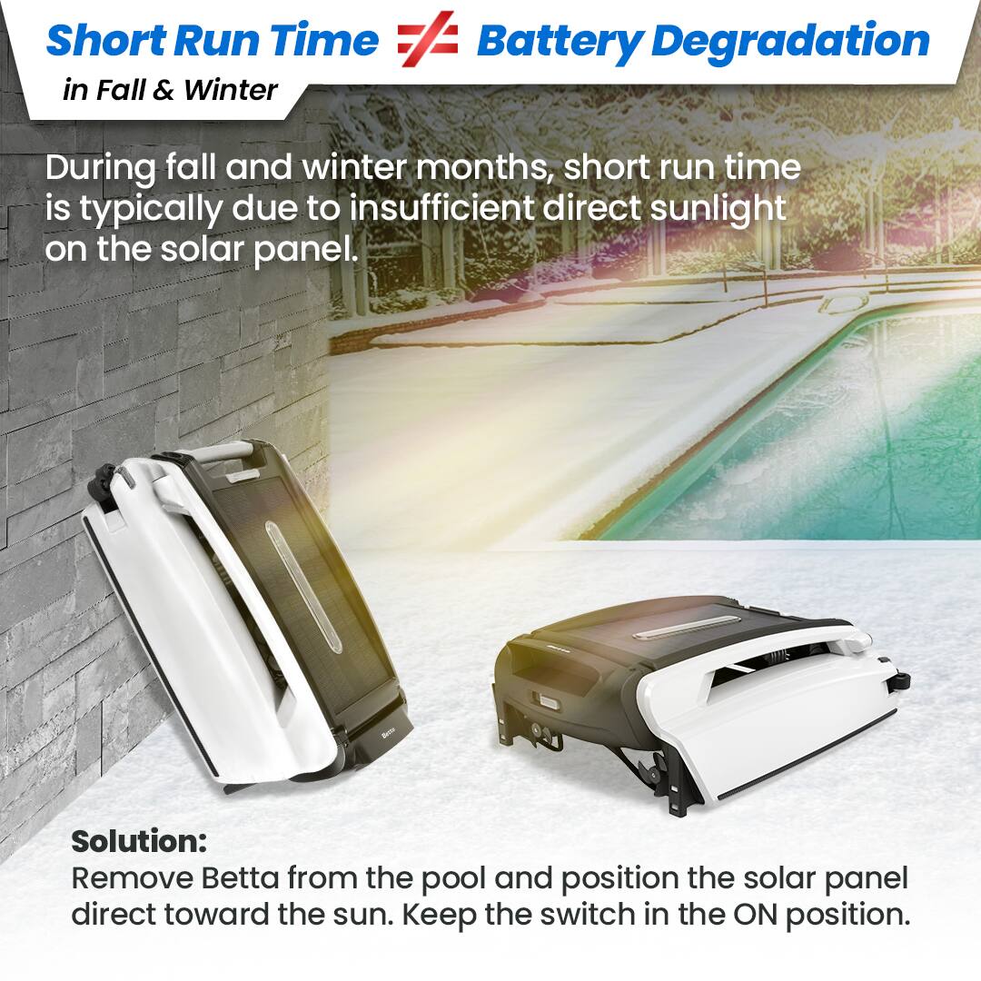 Short Run Time / Battery Degradation in Fall & Winter

During fall and winter months, short run time is typically due to insufficient direct sunlight on the solar panel.

Solution:
Remove Betta from the pool and position the solar panel direct toward the sun. Keep the switch in the ON position.