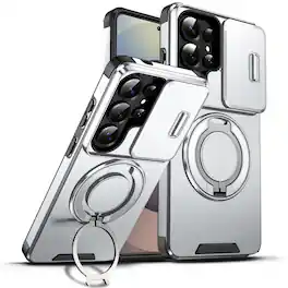 UUCOVER - For Samsung Galaxy S26 Ultra Magnetic Case with Slide Camera Lens Cover and Rotatable Ring Stand, Drop Protection Cover - Silver