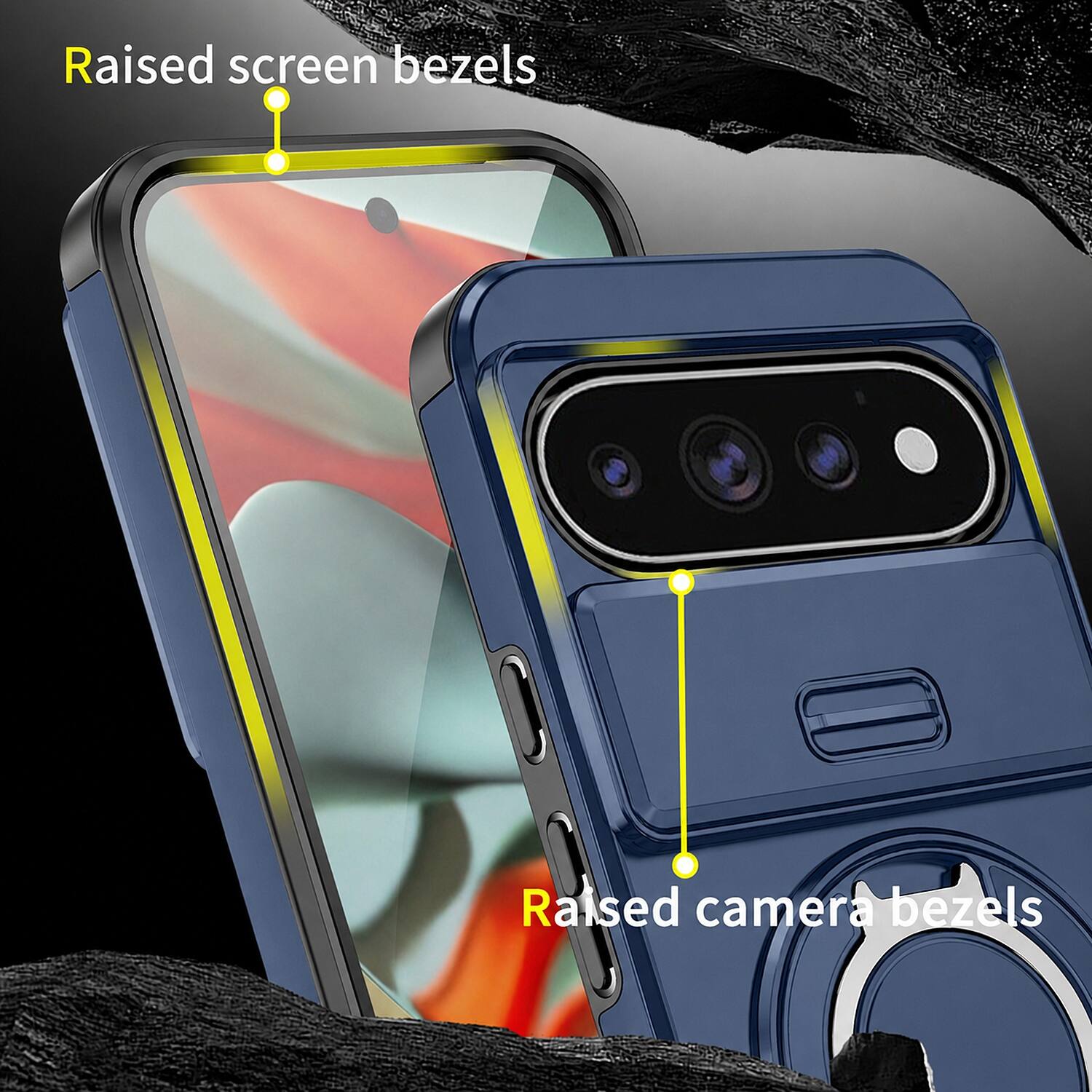 Raised screen bezels  
Raised camera bezels