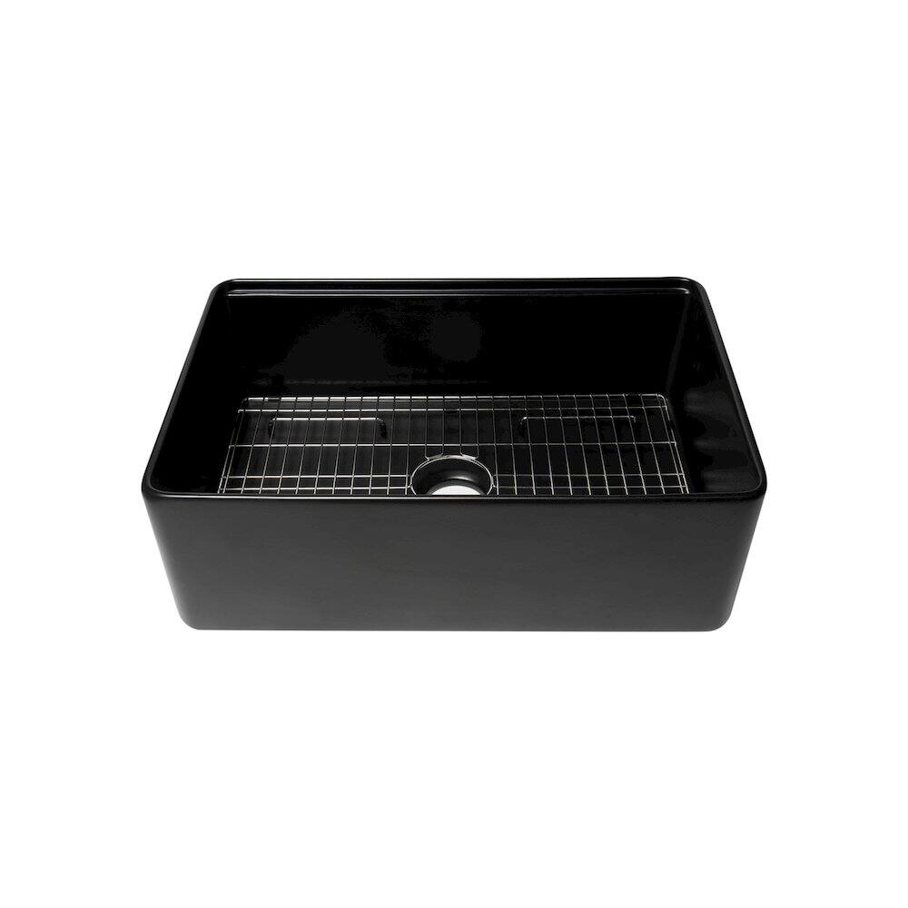 Left. Alfi - Black Matte Workstation 30" x 20" Single Bowl Step Rim Fireclay Farm Sink - Black.