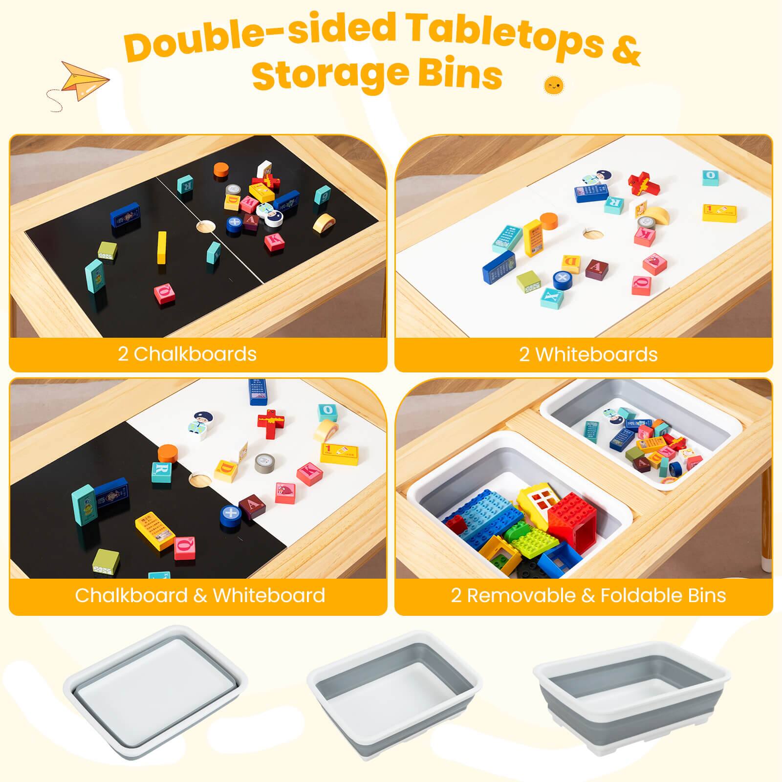 Double-sided Tabletops & Storage Bins

- 2 Chalkboards
- 2 Whiteboards
- Chalkboard & Whiteboard
- 2 Removable & Foldable Bins