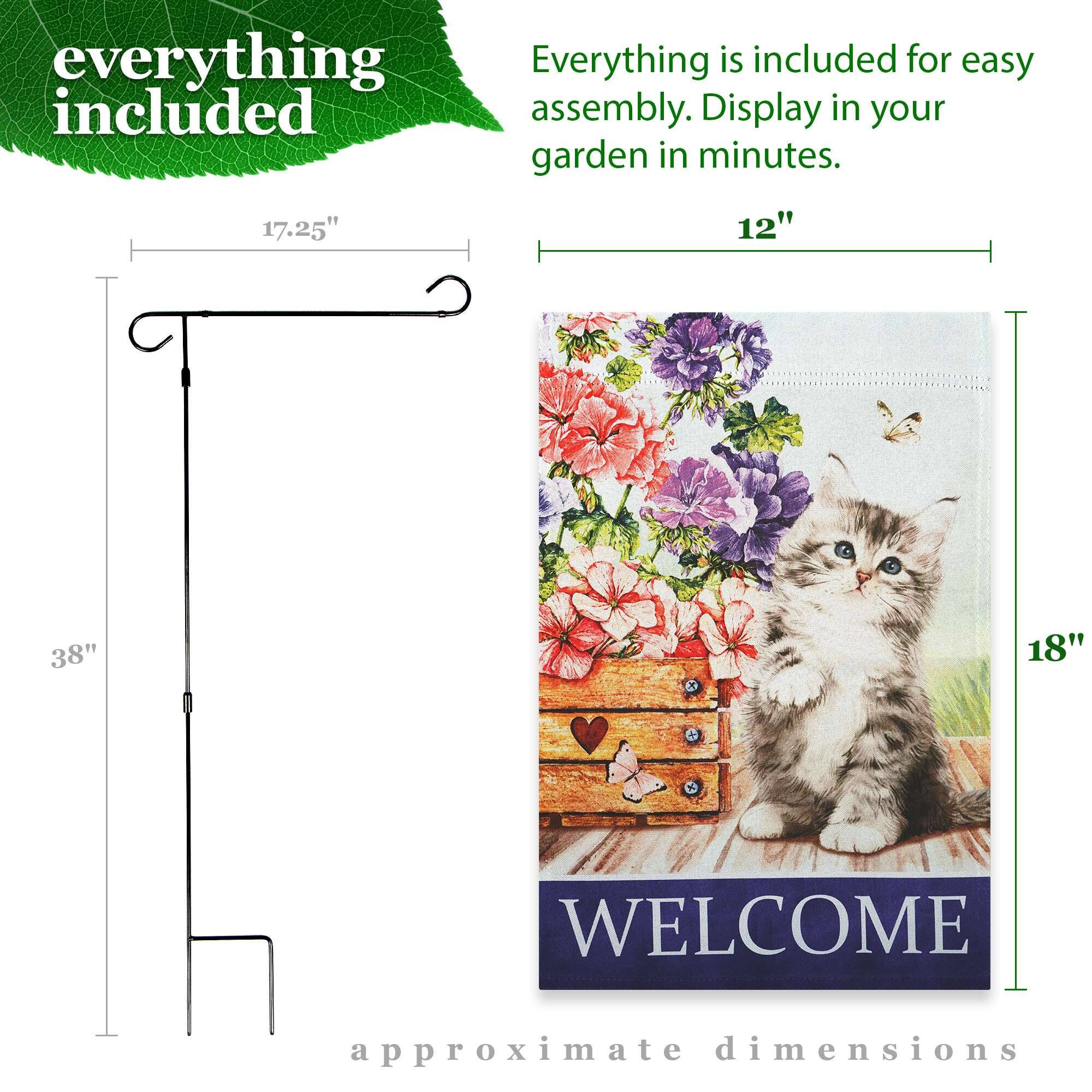 Everything is included for easy assembly. Display in your garden in minutes.

17.25" 12" 38" 18" WELCOME approximate dimensions