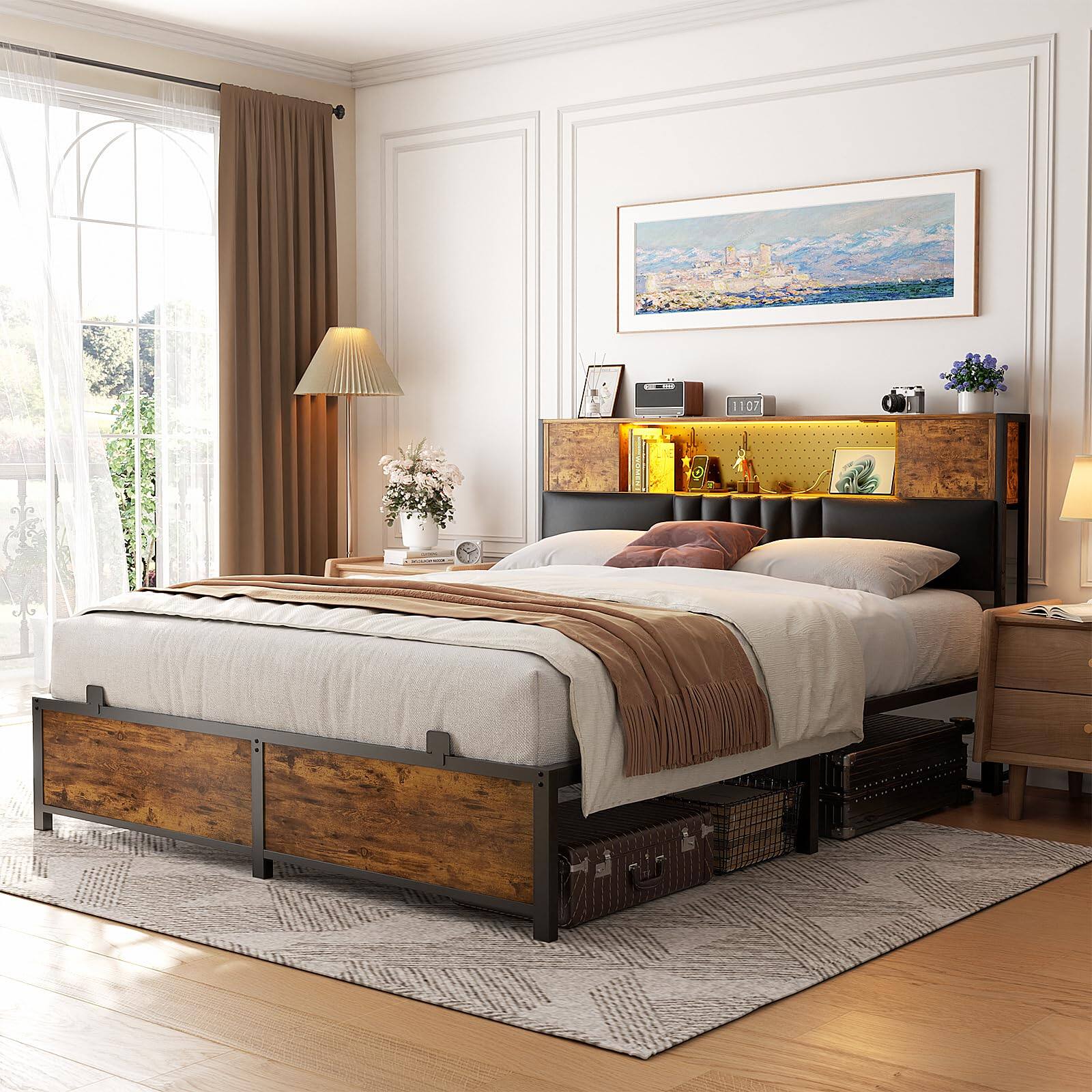 Angle. Aheaplus - Modern Bed Frame: Power Outlet & LED Lights, Headboard Storage, Quiet Support - Rustic Brown.