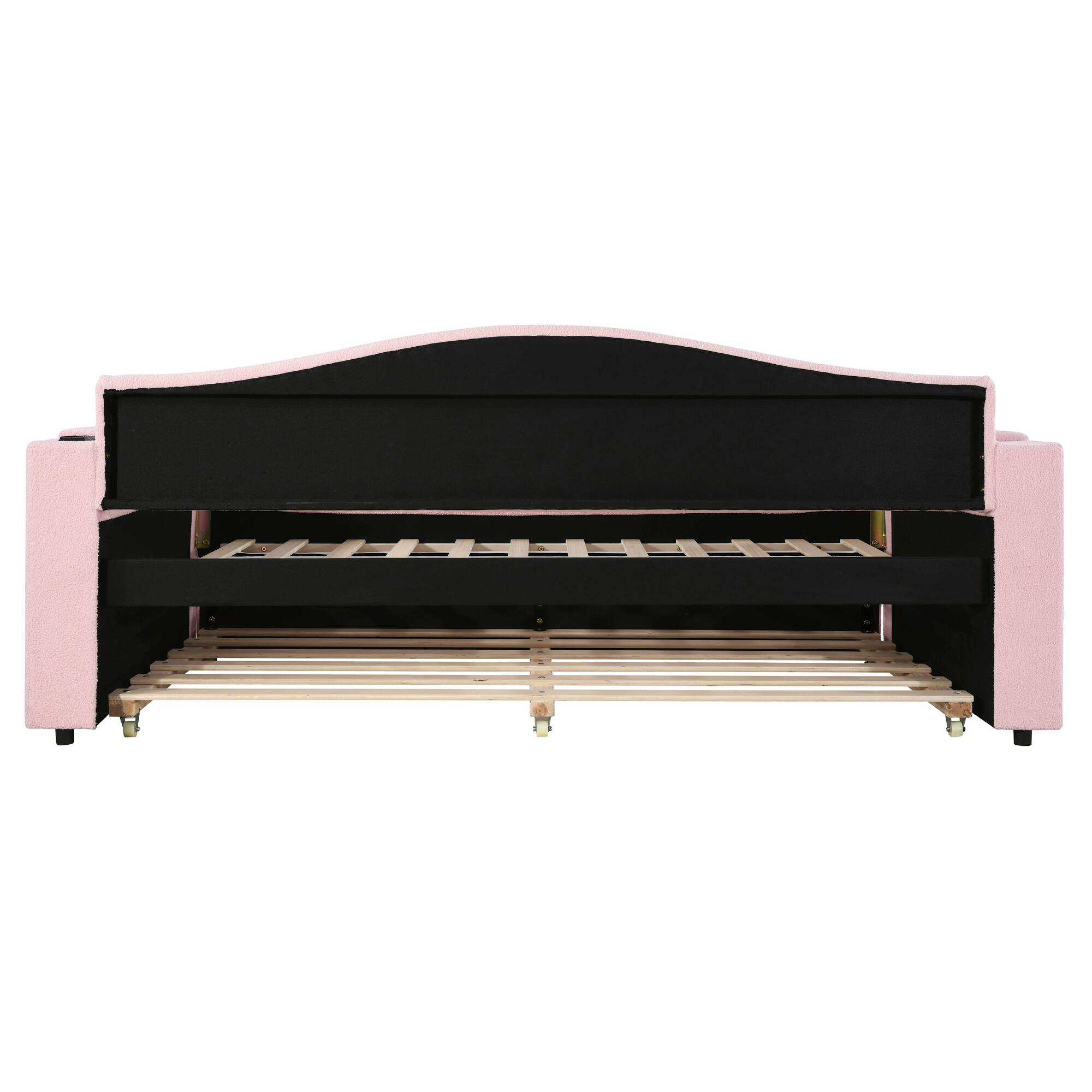 Alt View 6. Tiramisubest - Twin Size Upholstered Daybed with Storage Armrests, Trundle and Latest Integrated Bluetooth Audio System, Teddy Fleece - Pink.