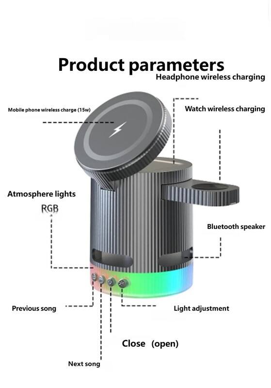 Product parameters

- Headphone wireless charging
- Mobile phone wireless charge (15w)
- Watch wireless charging
- Atmosphere lights RGB
- Bluetooth speaker
- Previous song
- Light adjustment
- Close (open)
- Next song