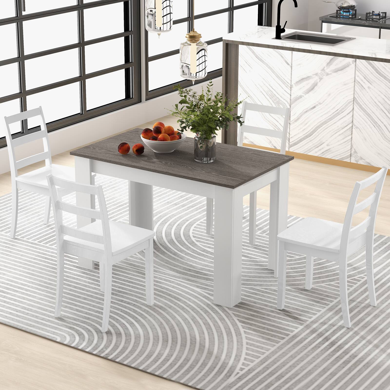 Alt View 1. Costway - Costway 5 PCS Dining Set Modern Rectangle Table & 4 Rubber Wood Chairs Kitchen Breakfast - White,Brown.