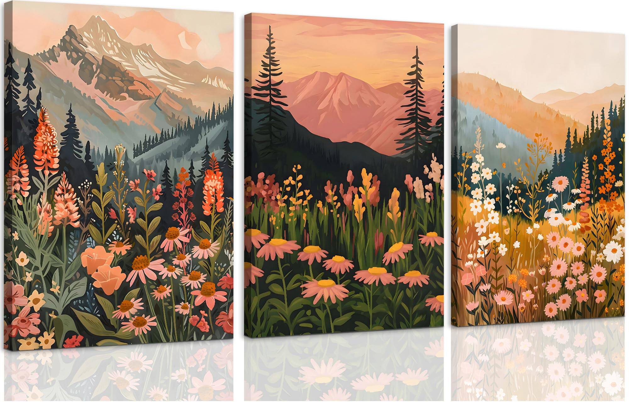 Front. Hirose Alice - ICHZUMW Framed Boho Abstract Landscape Mountain and Floral Canvas Wall Art Large Wildflower Wall Decor for - Pastel Peaks - Wrapped 24"L x 16"W Wrapped Canvas.