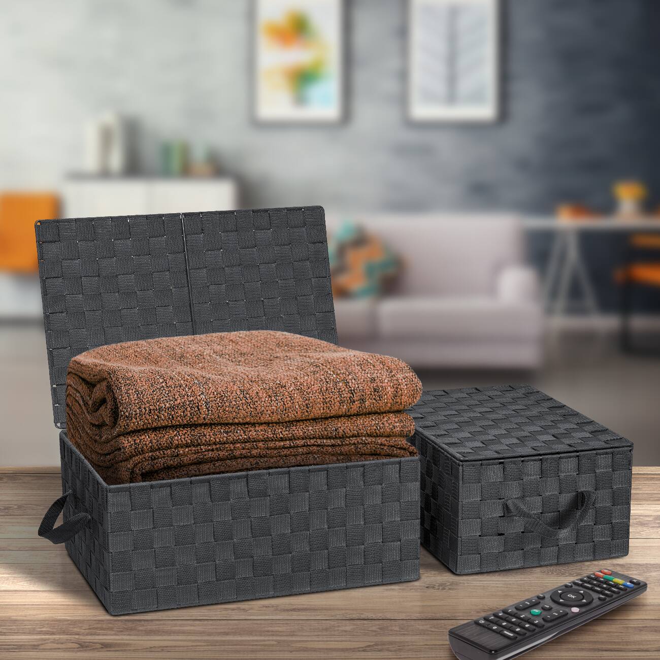 Alt View 2. Sorbus - Sorbus Set of 3 Storage Baskets for Organizing with Lid, Mesh, Linen, Organizer Storage Baskets for Shelves - Gray.