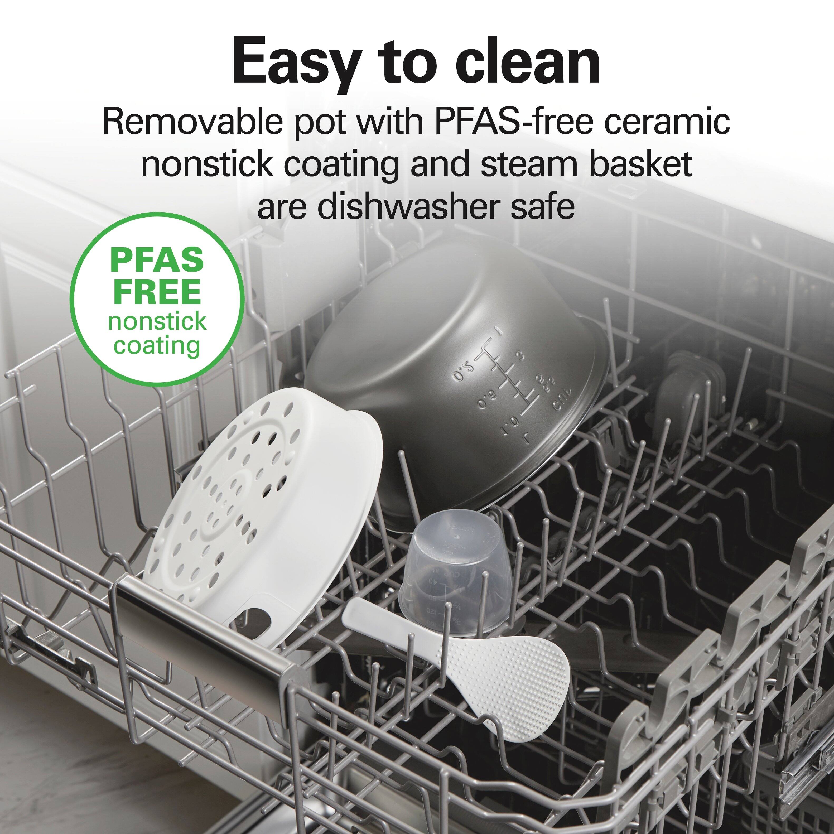 Easy to clean  
Removable pot with PFAS-free ceramic nonstick coating and steam basket are dishwasher safe  
PFAS FREE nonstick coating