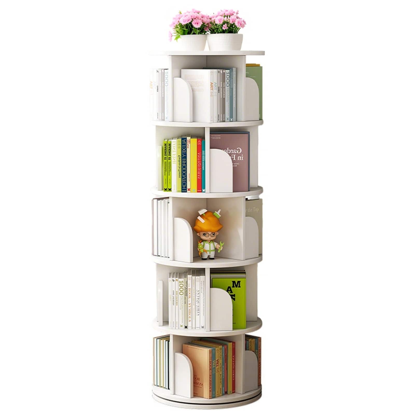 Spaco - 360 Rotating Bookshelf 5-Tier, Round Spinning Shelf Space Saver for Small Room Office - White