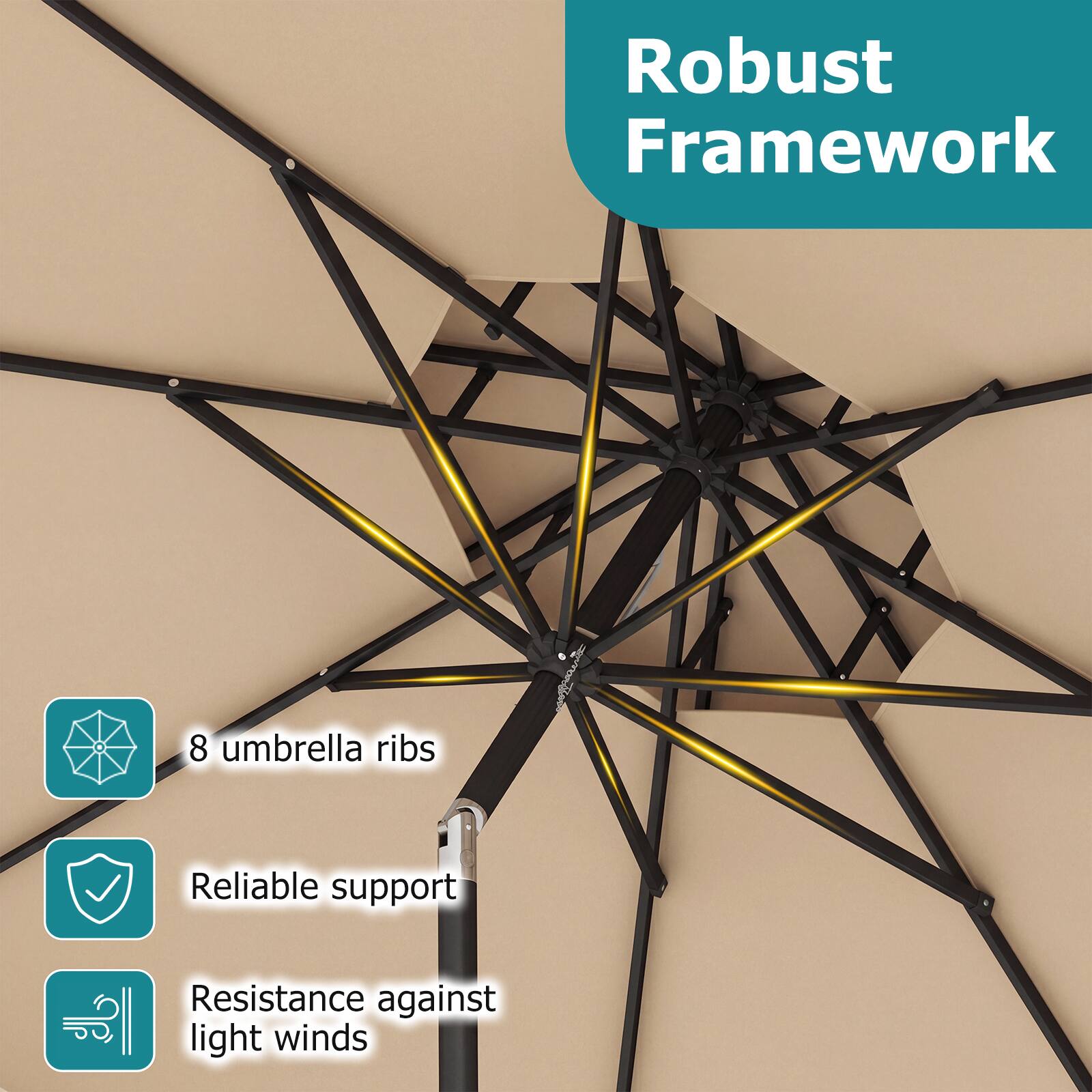Robust Framework

- 8 umbrella ribs
- Reliable support
- Resistance against light winds