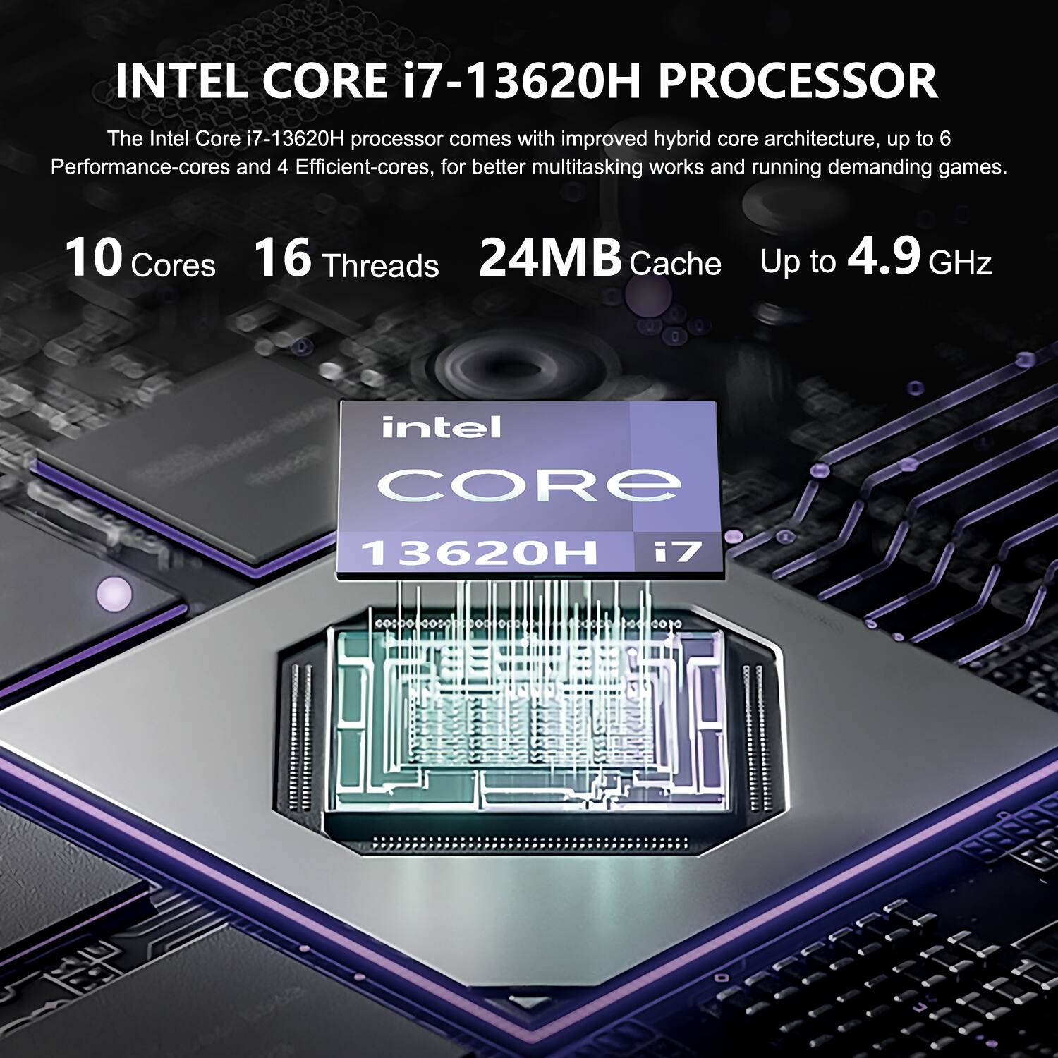INTEL CORE i7-13620H PROCESSOR

The Intel Core i7-13620H processor comes with improved hybrid core architecture, up to 6 Performance-cores and 4 Efficient-cores, for better multitasking works and running demanding games.

10 Cores
16 Threads
24MB Cache
Up to 4.9 GHz