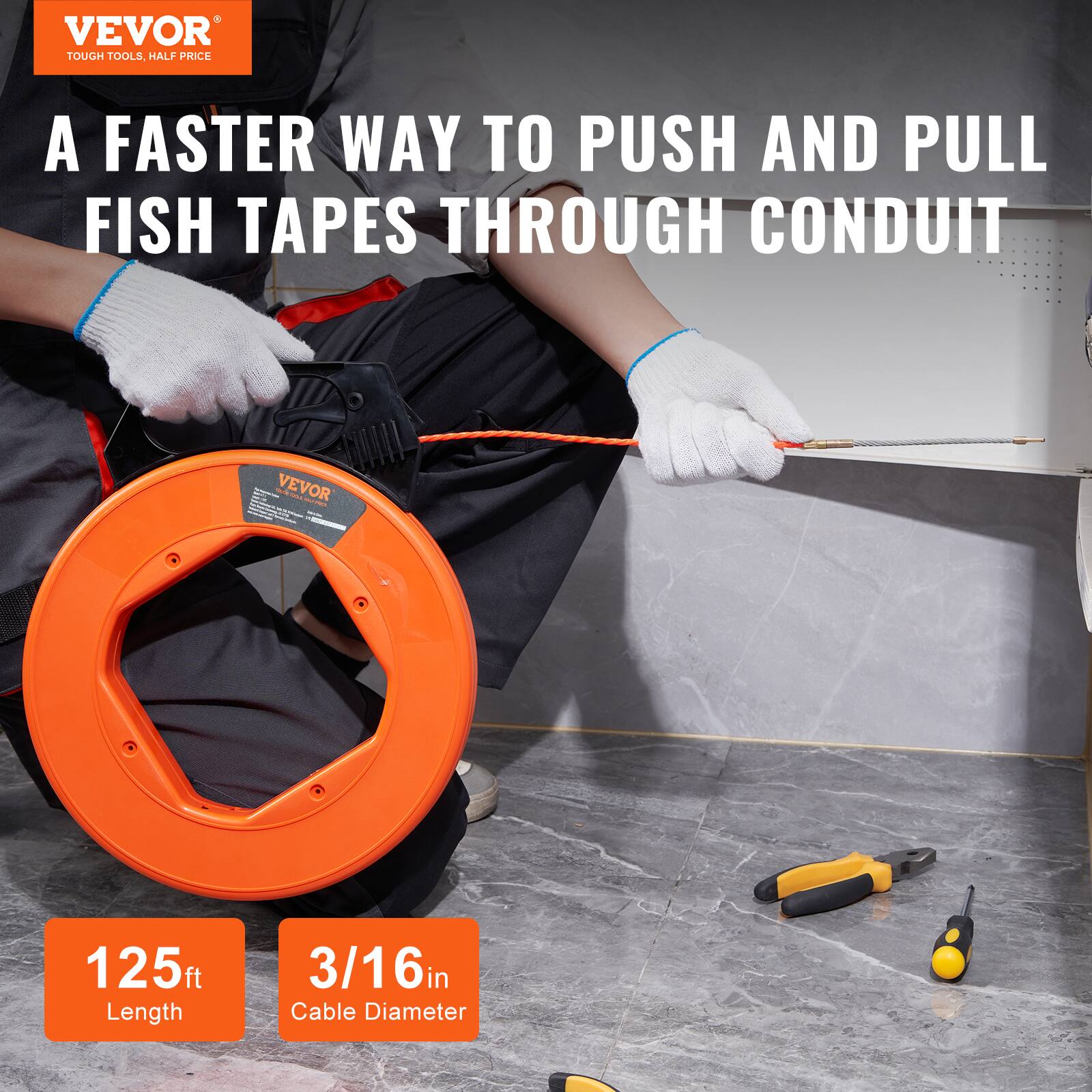 VEVOR TOUGH TOOLS HALF PRICE

A FASTER WAY TO PUSH AND PULL FISH TAPES THROUGH CONDUIT

125ft Length  
3/16 in Cable Diameter