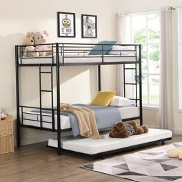 GOODSILO - Space-Saving Twin Over Twin Metal Bunk Bed with Trundle for Kids and Teens Bedroom - Black