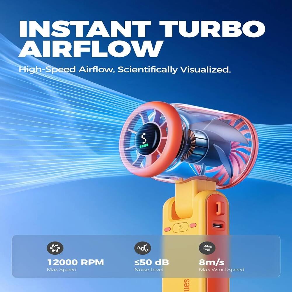 INSTANT TURBO AIRFLOW  
High-Speed Airflow, Scientifically Visualized.  

12000 RPM Max Speed  
≤50 dB Noise Level  
8m/s Max Wind Speed