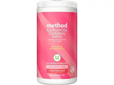 method
ALL-PURPOSE CLEANING WIPES
LINGETTES NETTOYANTES TOUT USAGE
pink grapefruit
pamplemousse rose
WITH PLANT-BASED CLEANING POWER
CUTS GREASE & GRIME
COMPOSTABLE WIPES
20 NET WIPES (40 g / 1.4 oz)
