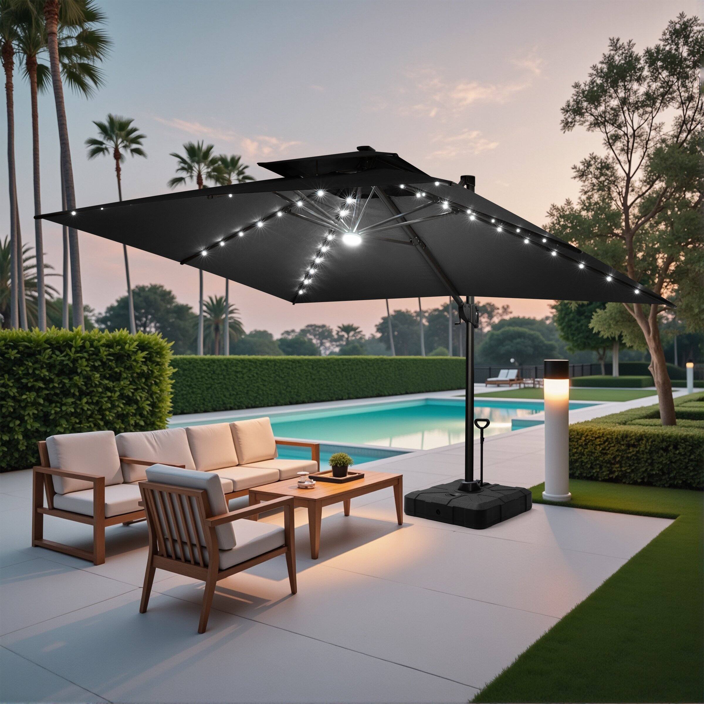 Back. Crestlive Products - Crestlive Products 10x13ft Aluminum Double Top Crank Cantilever Patio Umbrella with Lights with Base - Black.