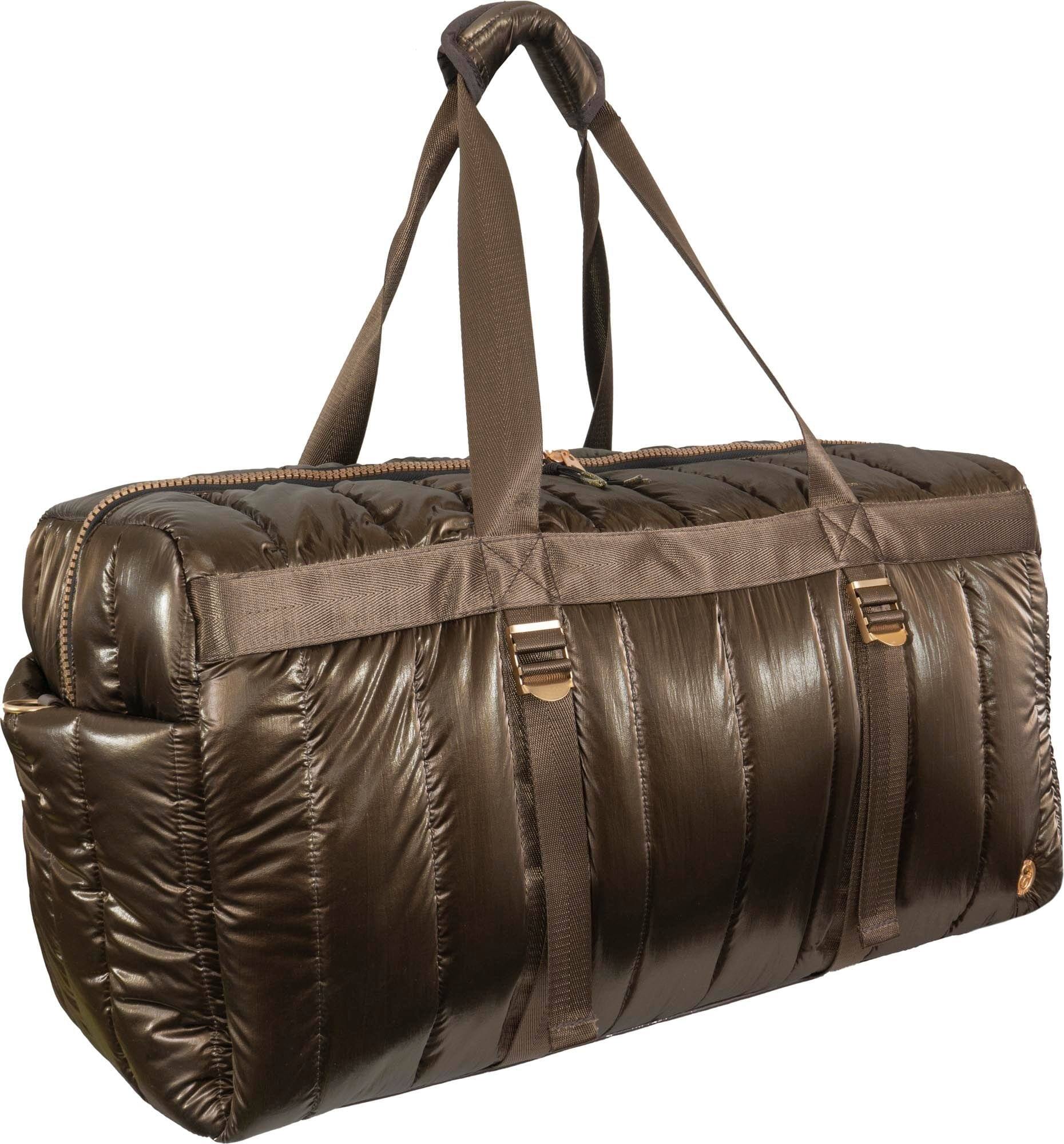 Front. Joan & David - Joan & David 22 Inch Metallic Puffer Nylon Tubular Quilted Weekender Travel Duffle - Metallic Chocolate - Metallic Chocolate.