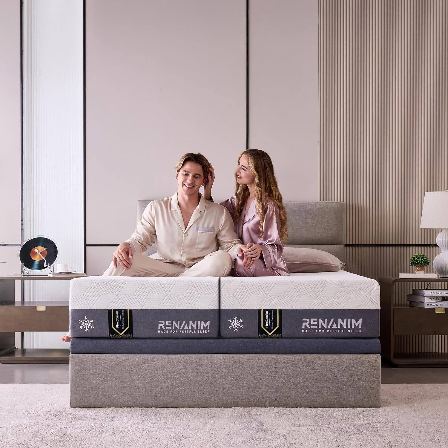 Renanim - Split King 10" Firm Mattress in a Box, Breathable Cooling Gel Memory Foam for Cooler & Deeper Sleep - Gray