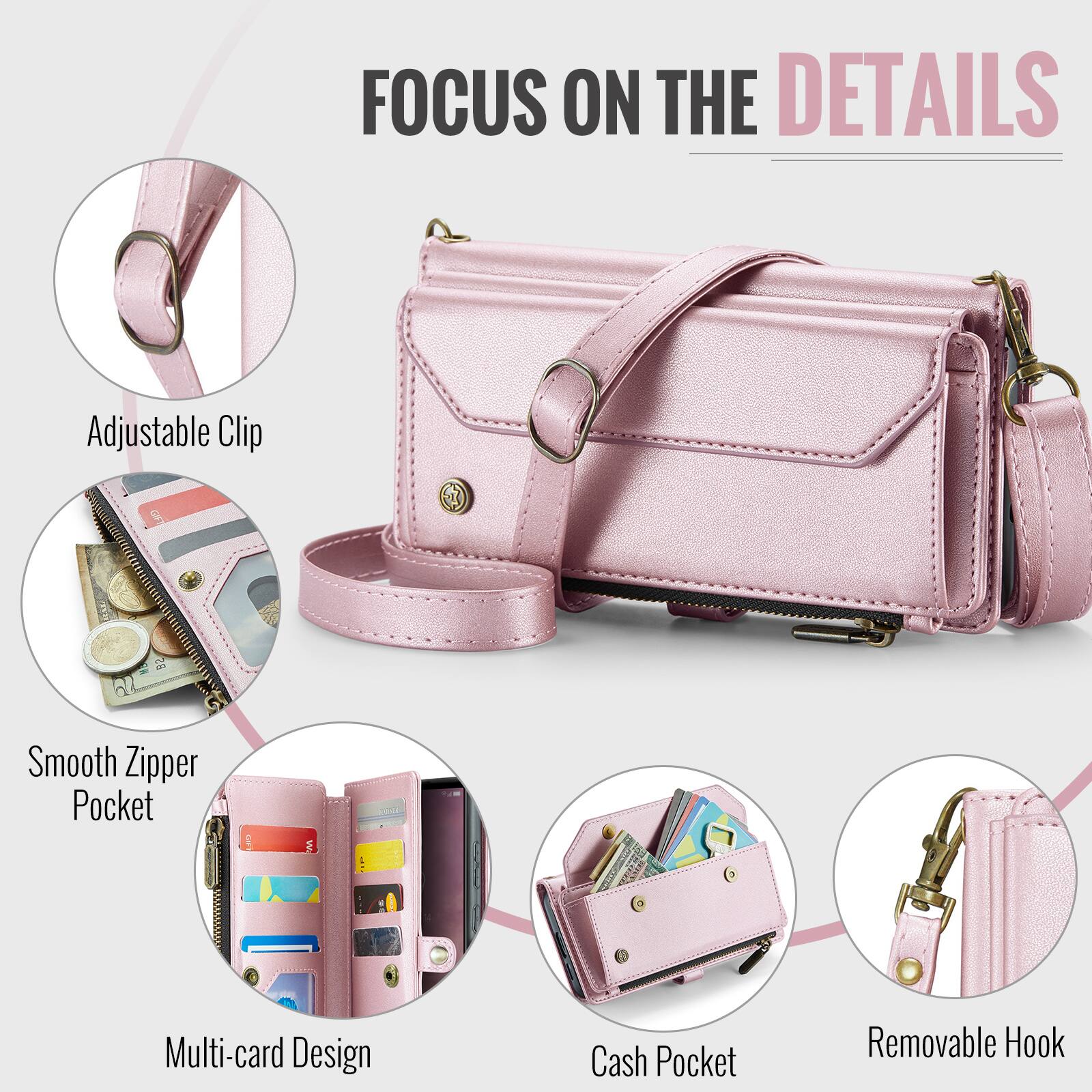FOCUS ON THE DETAILS

Adjustable Clip  
Smooth Zipper Pocket  
Multi-card Design  
Cash Pocket  
Removable Hook
