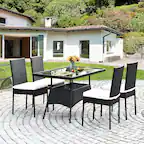 Front. Gymax - Gymax 5PCS Patio Wicker Dining Set Outdoor Rattan Furniture Set w/ Cushion - Black.