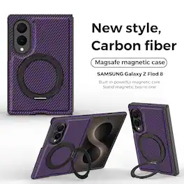 Dteck - Magnetic Carbon Fiber Pattern Case for Samsung Galaxy Z Fold8 with Stand, Shockproof Rigid Plastic Faux Leather Cover - Purple