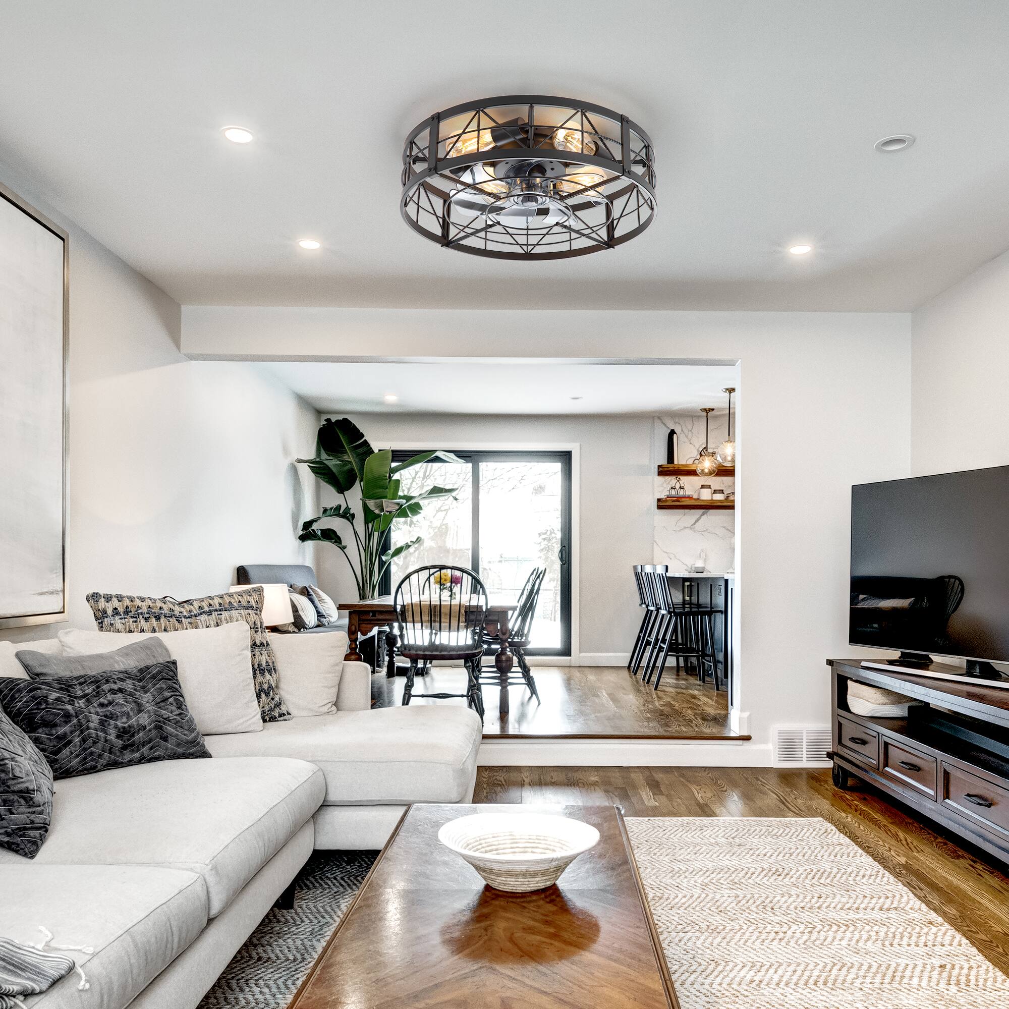 Alt View 1. Breezary - 20" Low Profile Caged Ceiling Fan with Remote, 7 ABS Blades, 6 Speeds DC Motor, 4×E26 Lights, Timer - Matte Black.