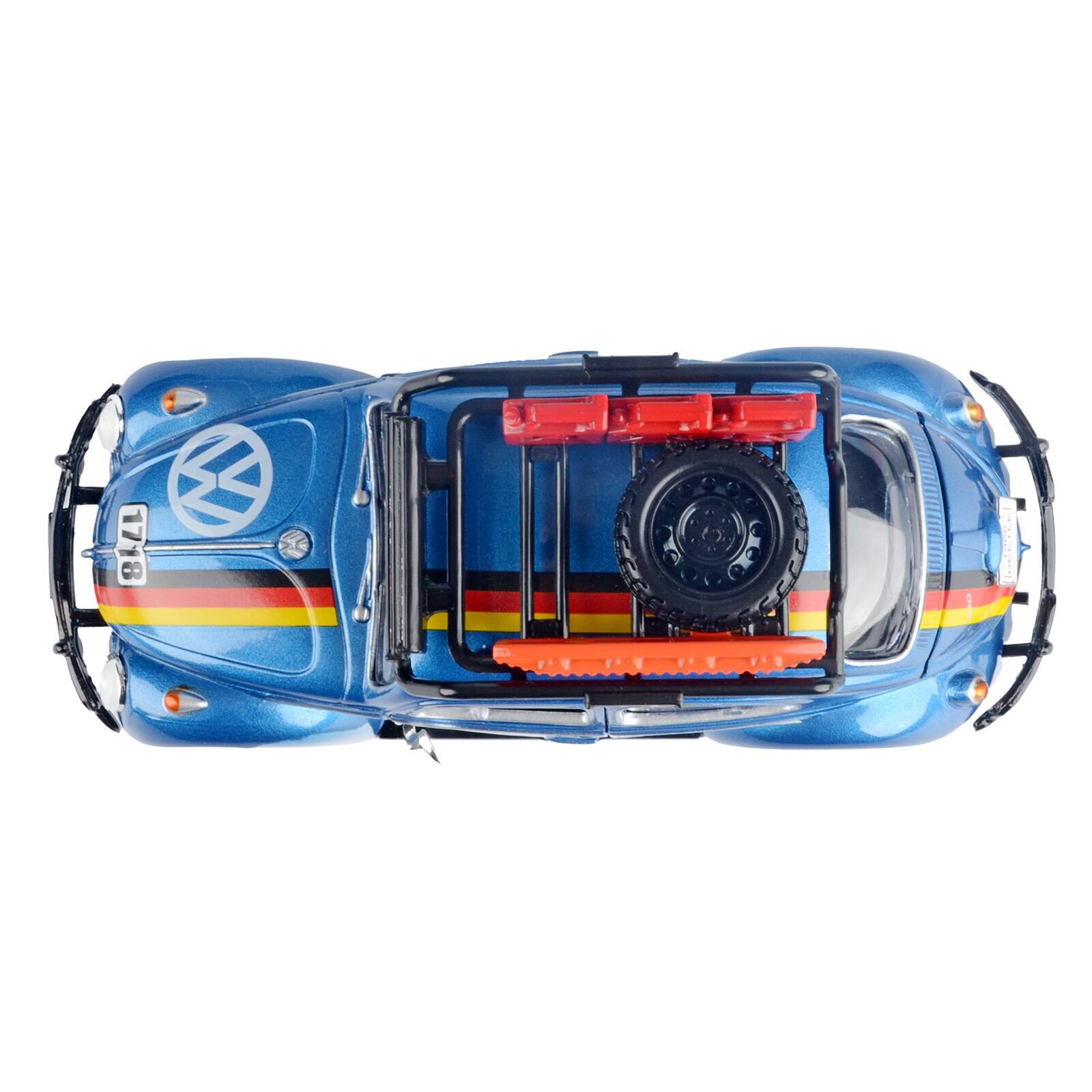 Alt View 3. Motormax - 1966 Volkswagen Beetle Off Road #1718 Blue Met and White w/German Flag Stripes and Accessories 1/24 Model by Motormax.