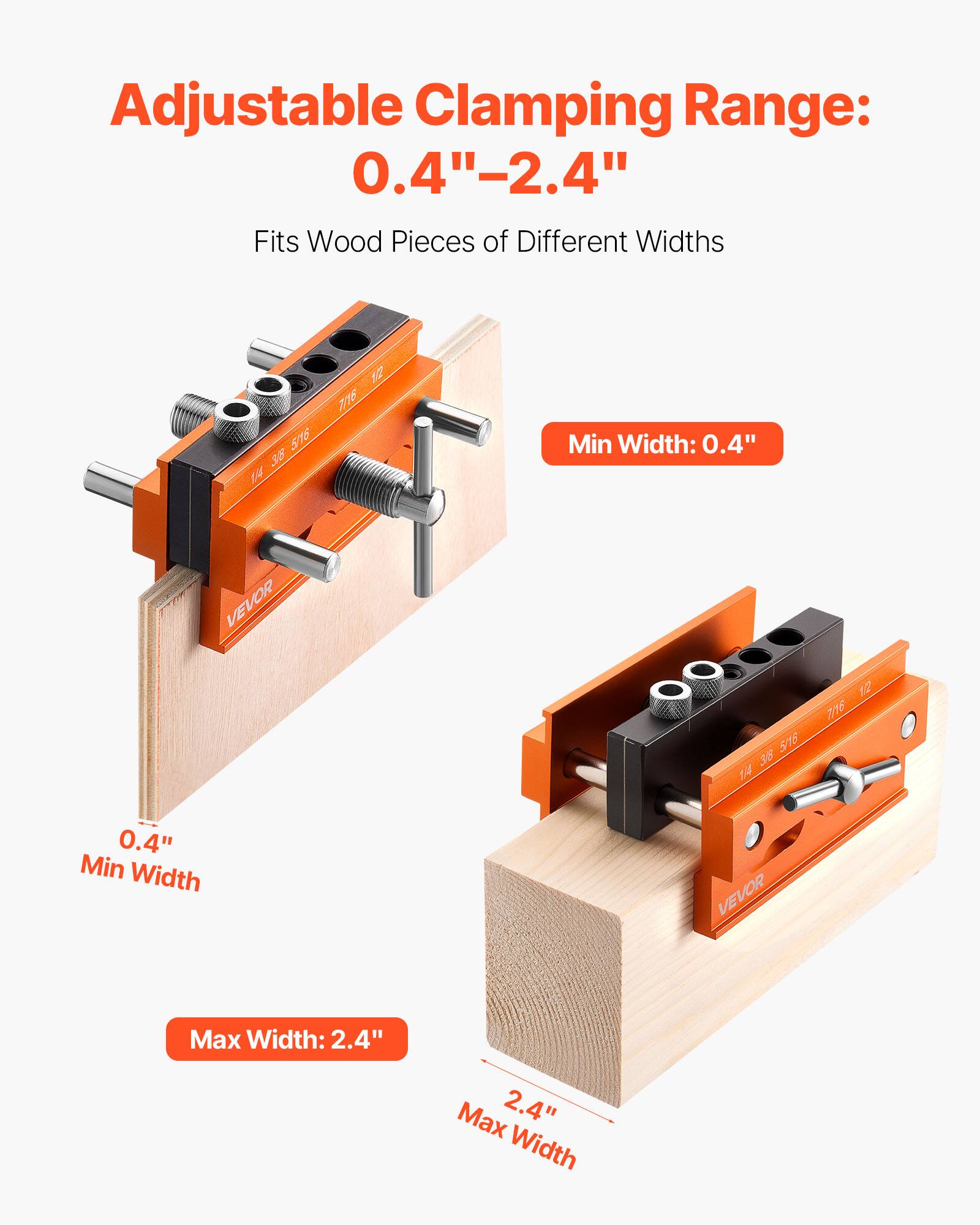 Adjustable Clamping Range: 0.4" - 2.4"  
Fits Wood Pieces of Different Widths  

Min Width: 0.4"  
Max Width: 2.4"