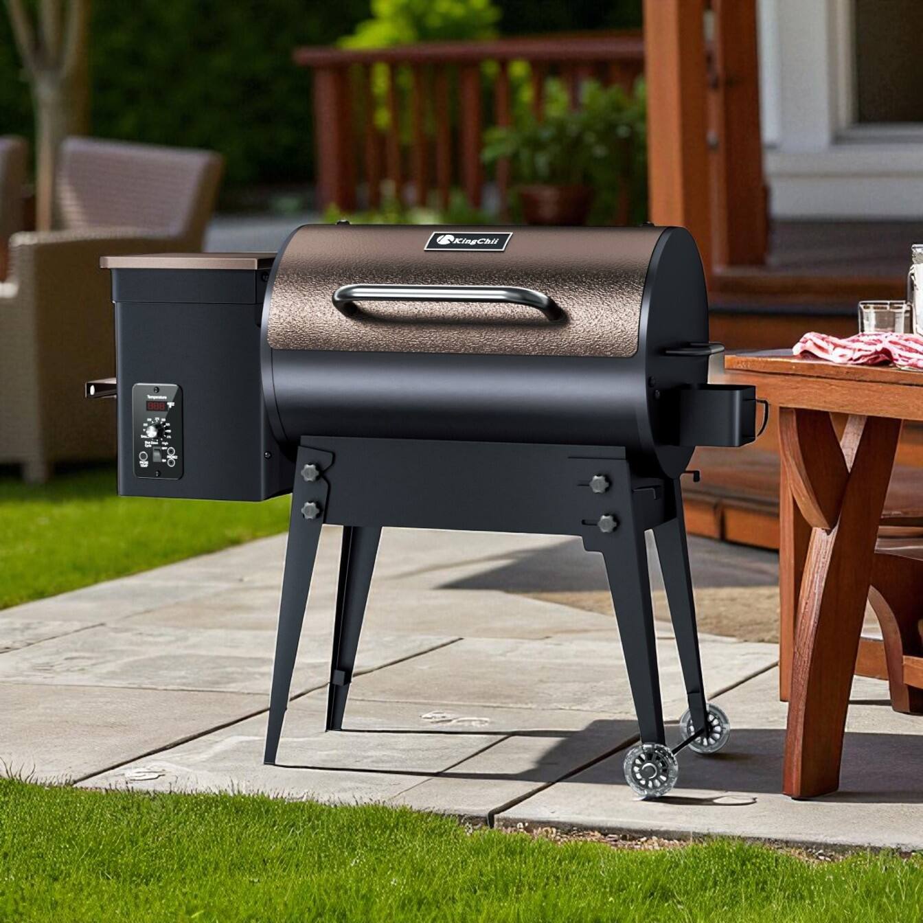 Back. KingChii - 456 sq. in. Wood Pellet Grill and Smoker BBQ with PID Auto Temperature Control Folding Legs for Patio or RV in Brown.