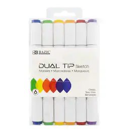 BAZIC Products - Dual Tip Sketch Markers 6 Primary Colors - Green, Yellow, Orange, Red, Purple, Blue