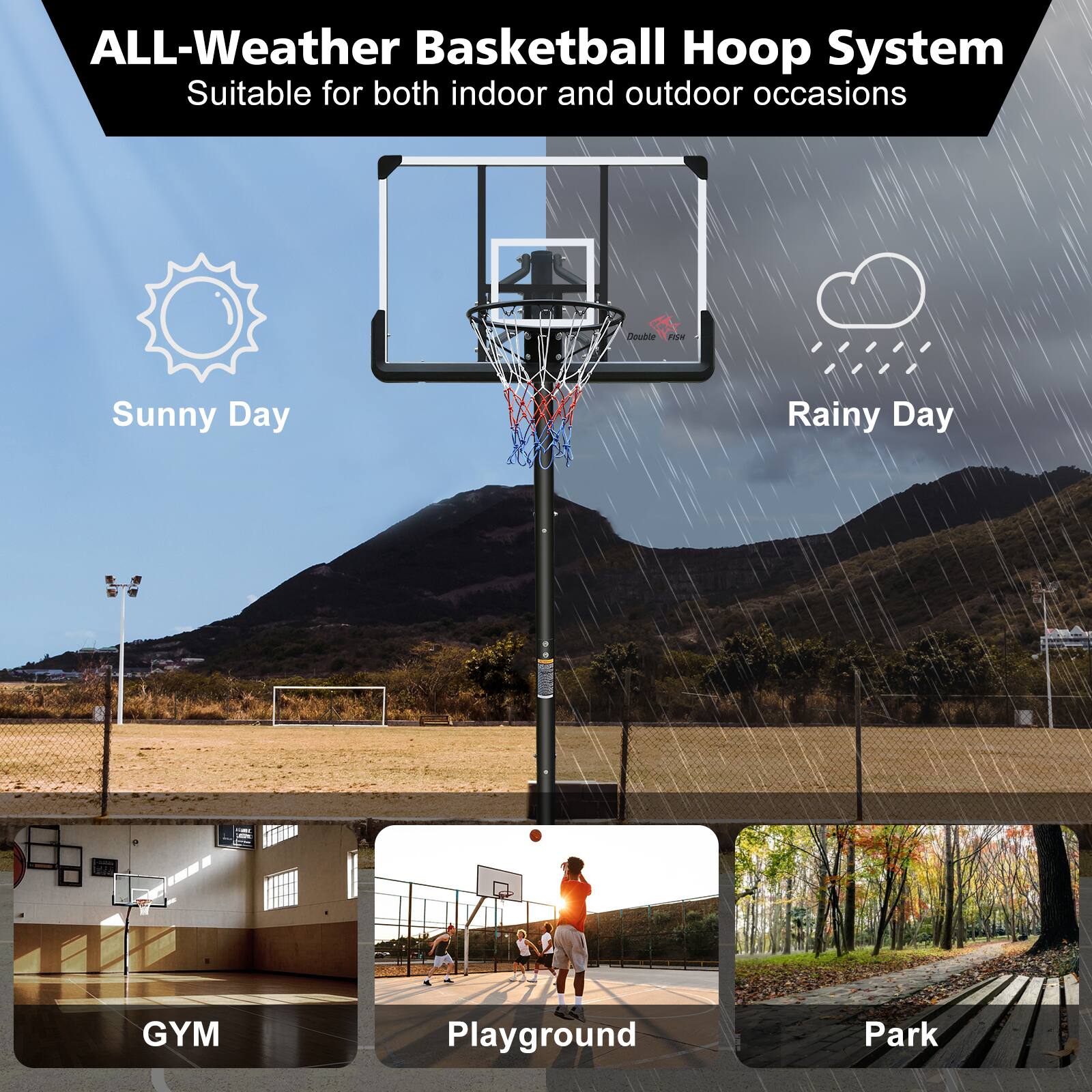 ALL-Weather Basketball Hoop System  
Suitable for both indoor and outdoor occasions  

Sunny Day  
Rainy Day  

GYM  
Playground  
Park