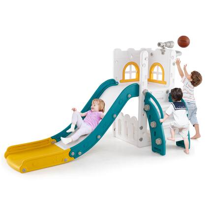 Front. Costway - Costway 6 in 1 L-shaped Toddle Slide for Toddlers Age 1-3 Baby Slide with Basketball Hoop - Multicolor.