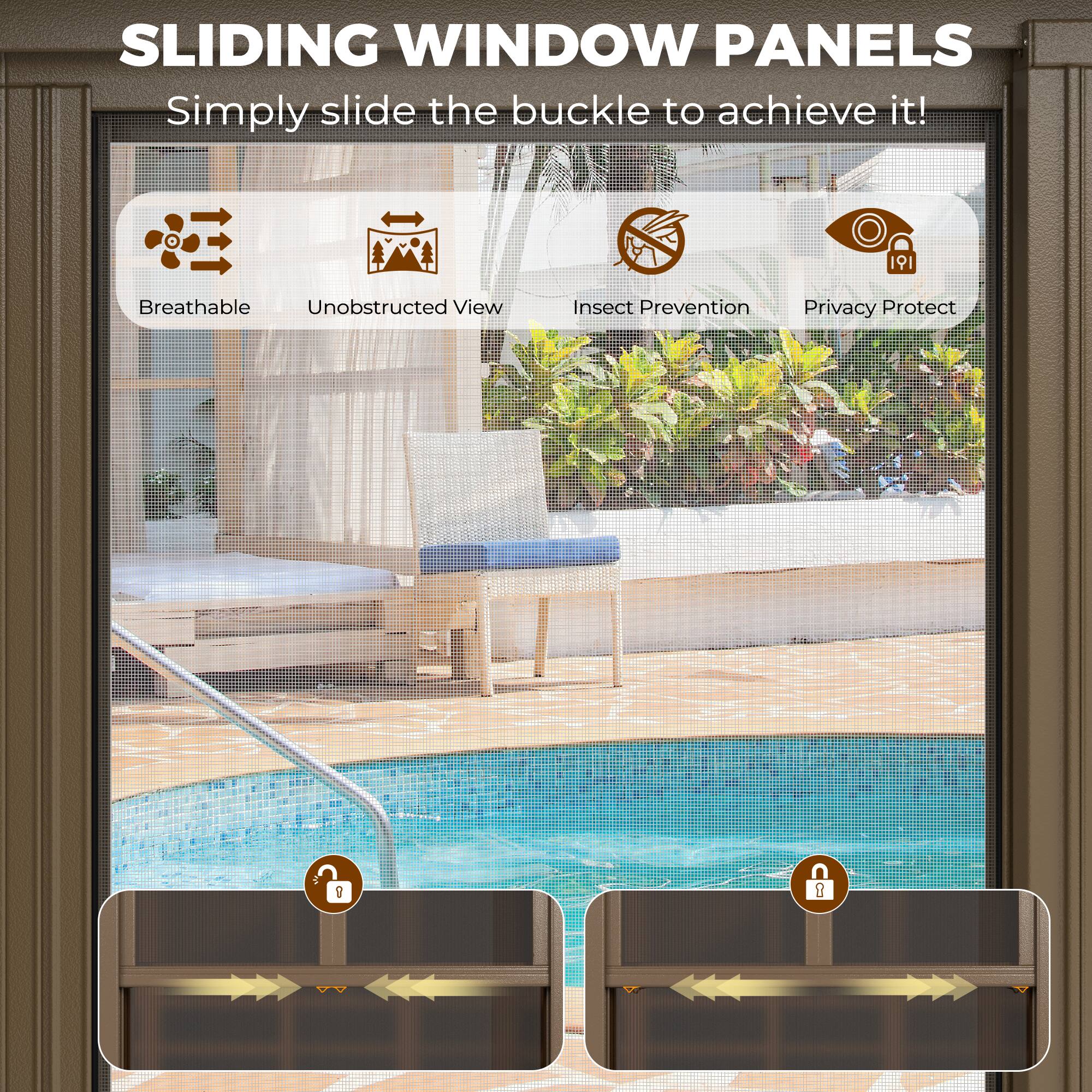 SLIDING WINDOW PANELS  
Simply slide the buckle to achieve it!  

- Breathable  
- Unobstructed View  
- Insect Prevention  
- Privacy Protect