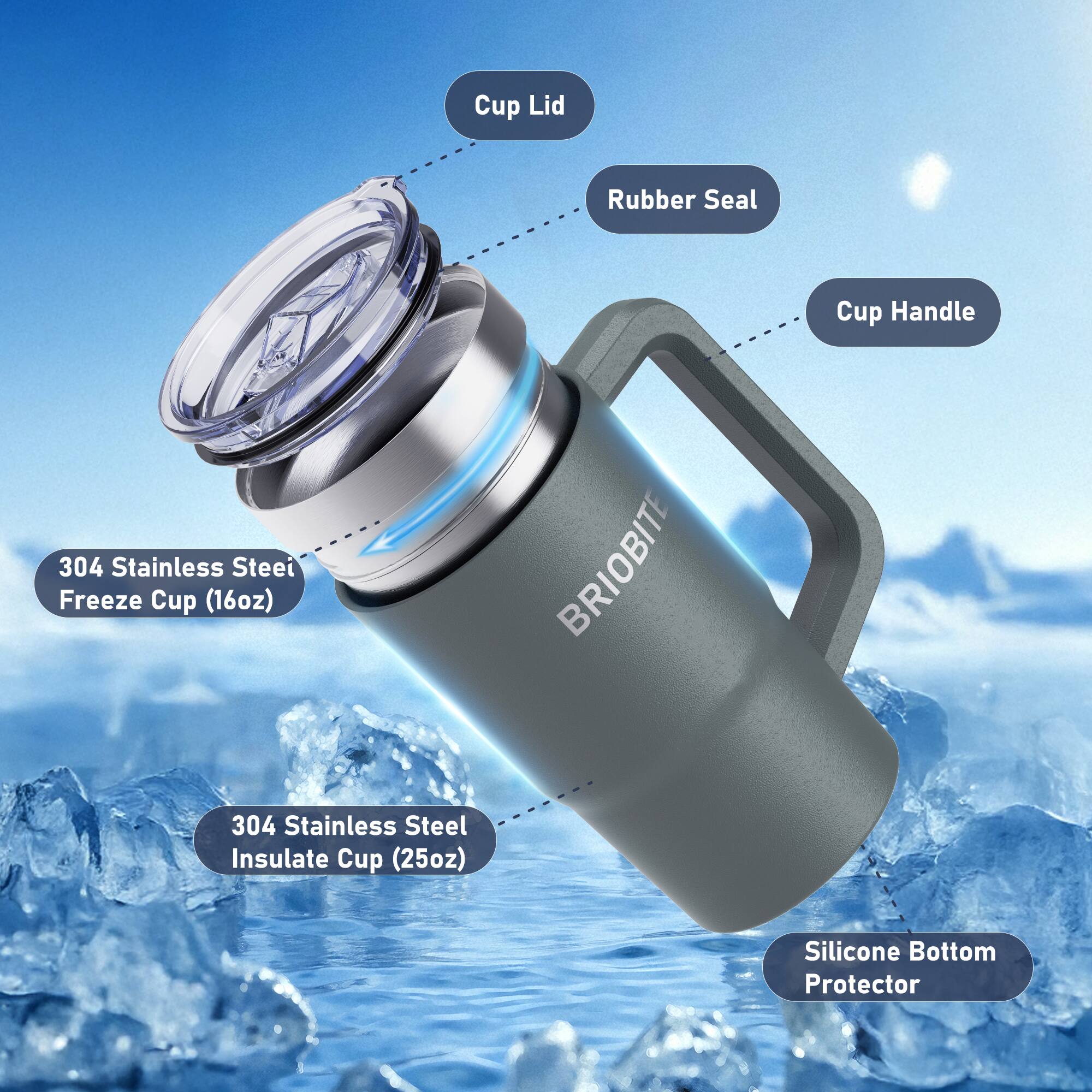 Cup Lid Rubber Seal Cup Handle  
304 Stainless Steel Freeze Cup (16oz)  
BRIOBITE 304 Stainless Steel Insulate Cup (25oz)  
Silicone Bottom Protector
