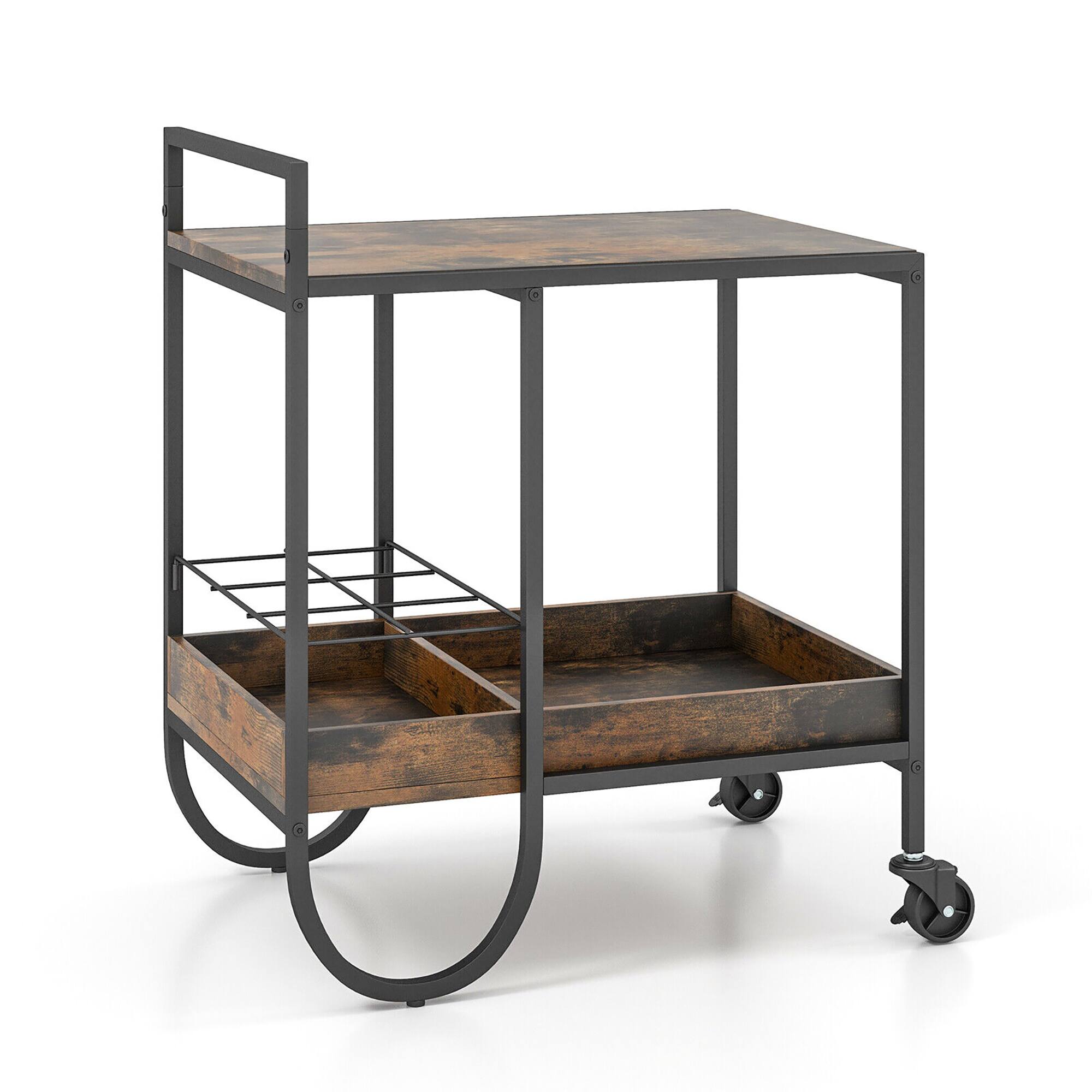 Alt View 9. Gymax - Gymax Industrial Bar Cart Rolling Buffet Serving Cart w/ Removable Wine Rack Kitchen - Rustic Brown.