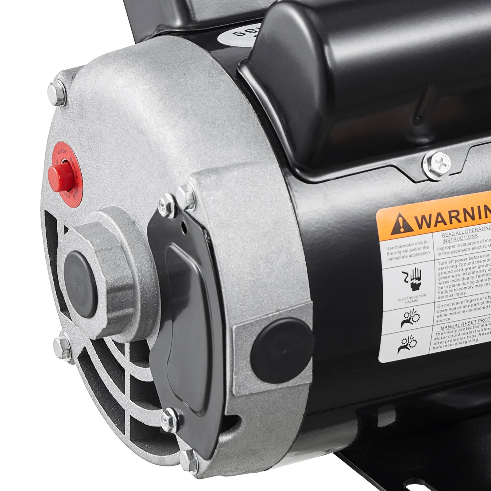 **WARNING**

READ ALL OPERATING INSTRUCTIONS

Use this motor only in the original and/or approved application as indicated on the nameplate. Improper installation or use may result in fire, explosion, or serious injury.

- Turn on power only after the motor is properly grounded. Ground the green wire to a ground rod or grounding system.
- Do not operate the motor if the ground wire is not properly connected.
- Do not place fingers or objects in any openings while the motor is connected to a power source.
- Failure to comply may result in serious injury or electrocution.

**ELECTROCUTION HAZARD**

**MANUAL RESET PROTECTOR**

Thermal reset protector. After the motor has cooled, reset the protector before re-starting.