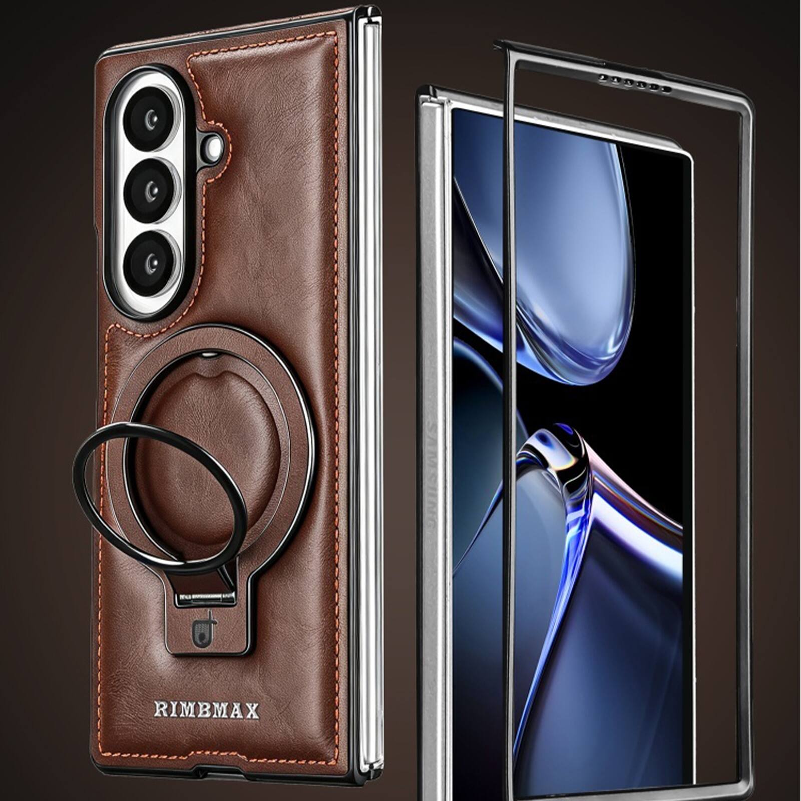 Angle. Dteck - Premium Leather Shockproof Non-Slip Magnetic Invisible Ring Stand Phone Case for Samsung Galaxy Z Fold8 Ultra - Brown.
