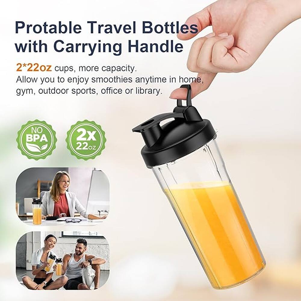 Portable Travel Bottles with Carrying Handle

2*22oz cups, more capacity.  
Allow you to enjoy smoothies anytime in home, gym, outdoor sports, office or library.

NO BPA  
2x 22oz