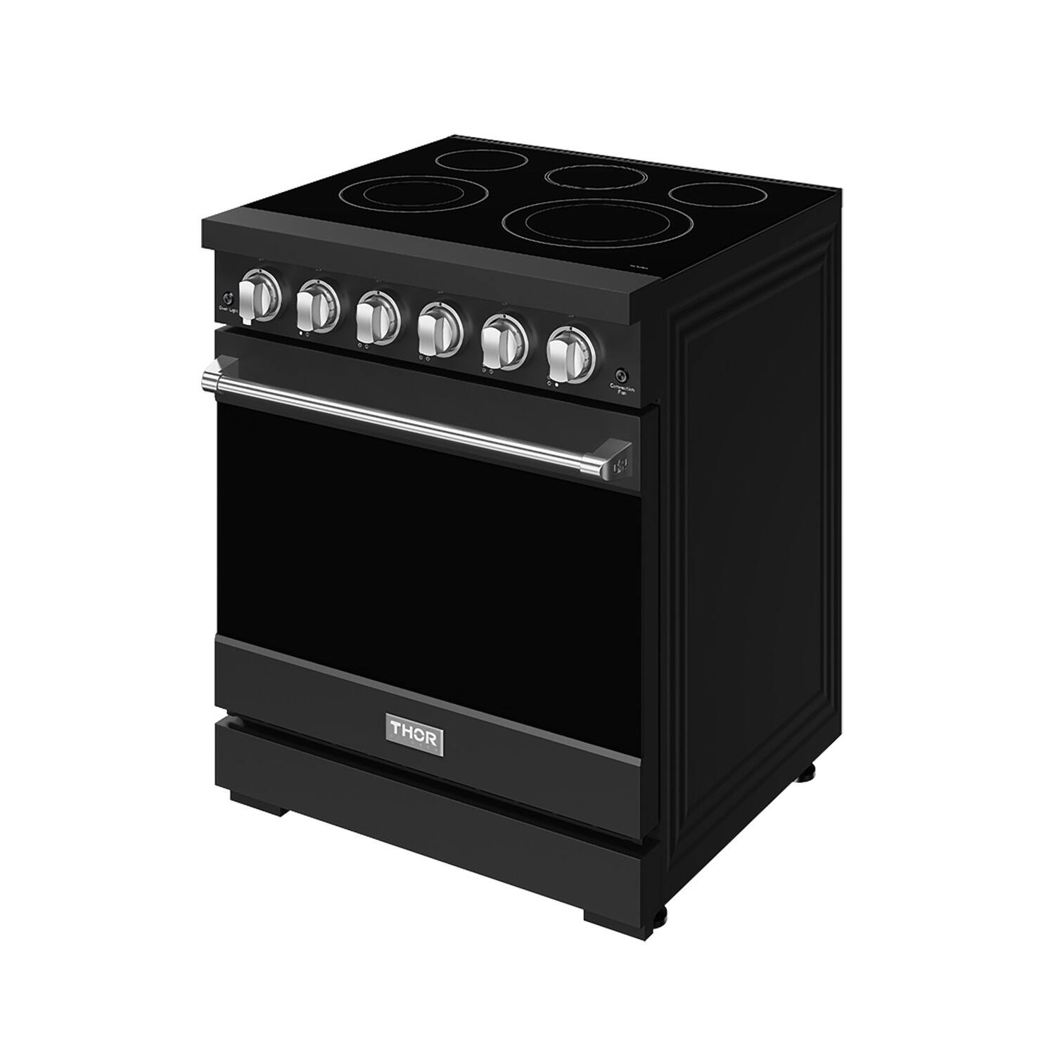 Left. Thor Kitchen - Gordon Ramsay Series by Thor Kitchen 4.55 Cu. Ft Freestanding Electric Range with Stainless Steel Hardware - Matte Black.